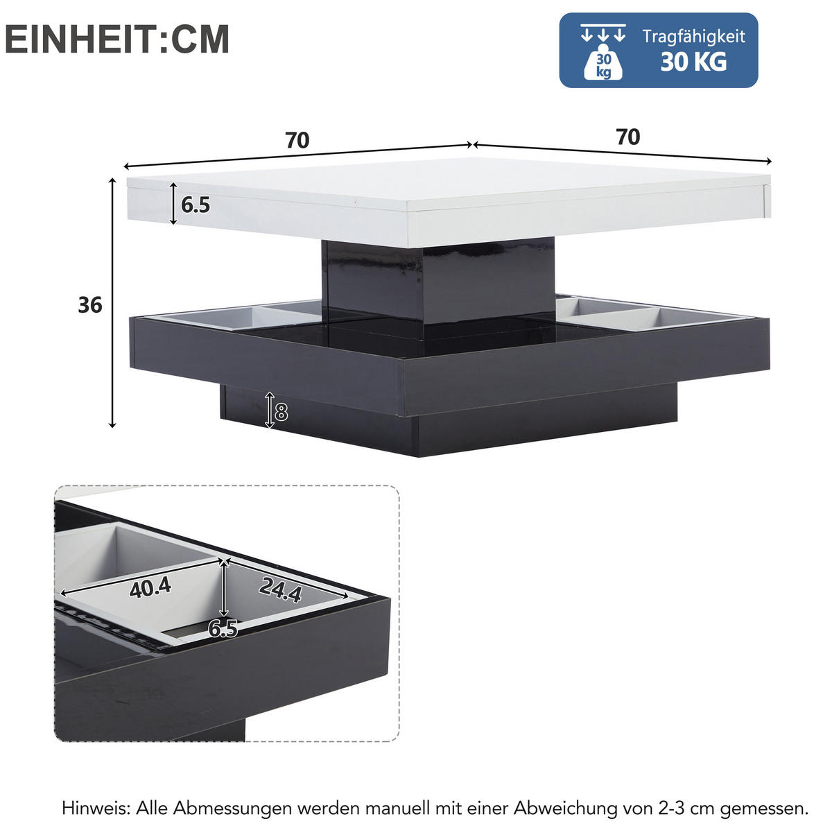 COUCHTISCH mit Ablage 70/70 cm, 360° drehbar, Hochglanz in Weiß/Schwarz - Weiß, Holzwerkstoff (70/70/36cm) - BEAOK