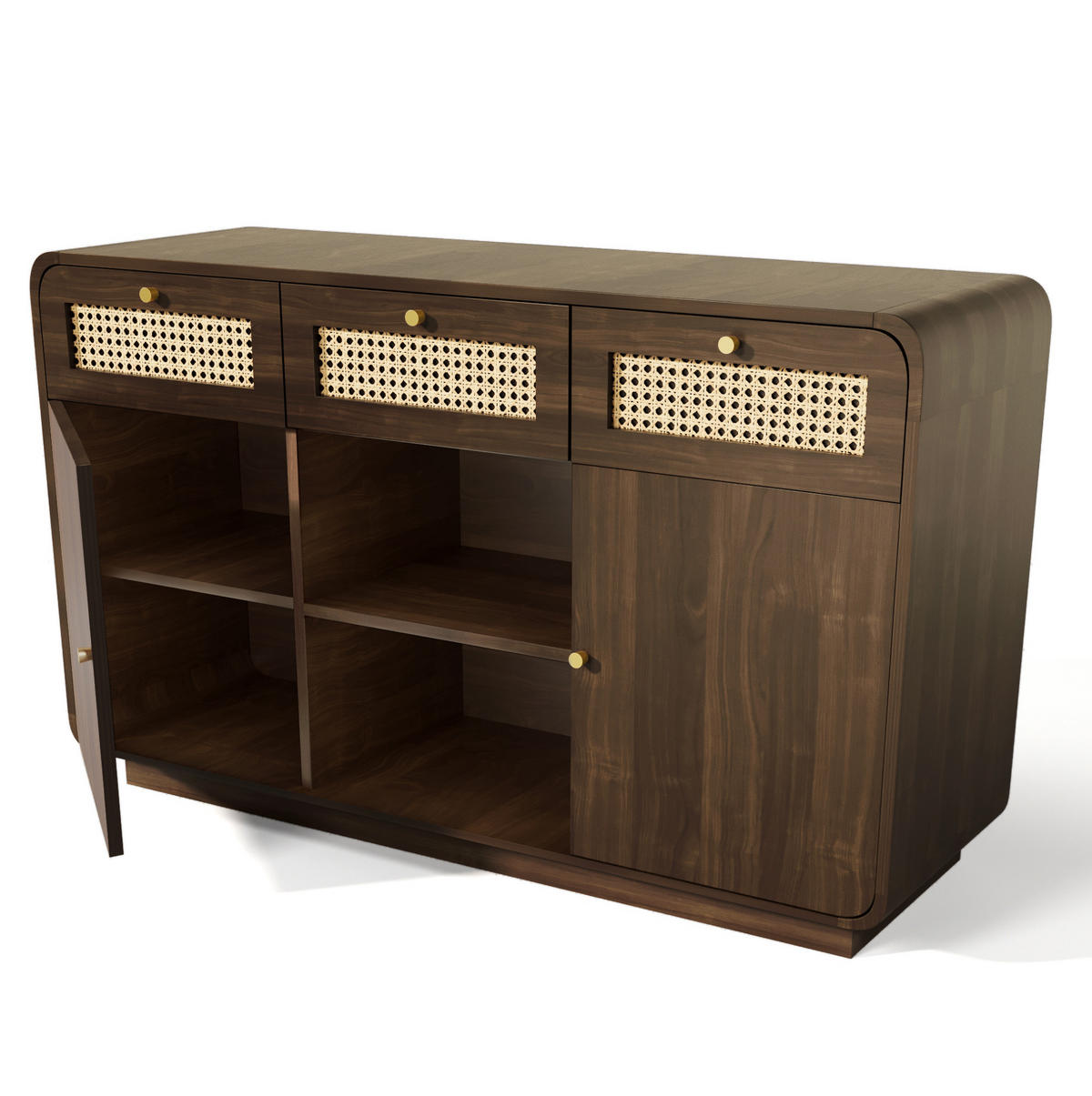 SIDEBOARD 120/40/85 cm Nussbaum aus MDF mit Rattanfronten und 3 Schubladen - Walnussfarben, Holzwerkstoff (120/85/40cm) - OKWISH