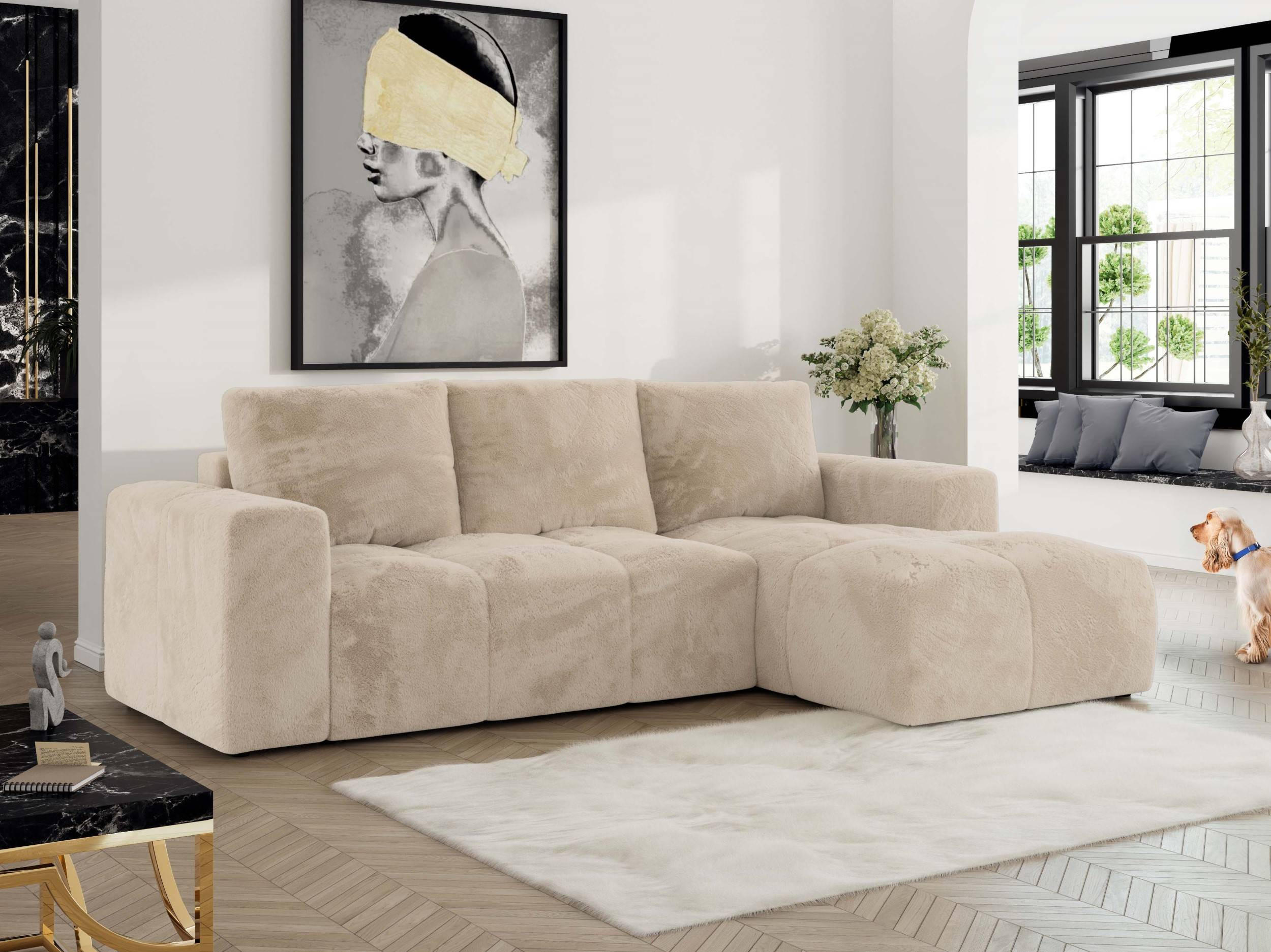 ECKSOFA MONIVA Creme Plüsch - Rechts - Creme/Schwarz, Textil (266/164cm) - MKS