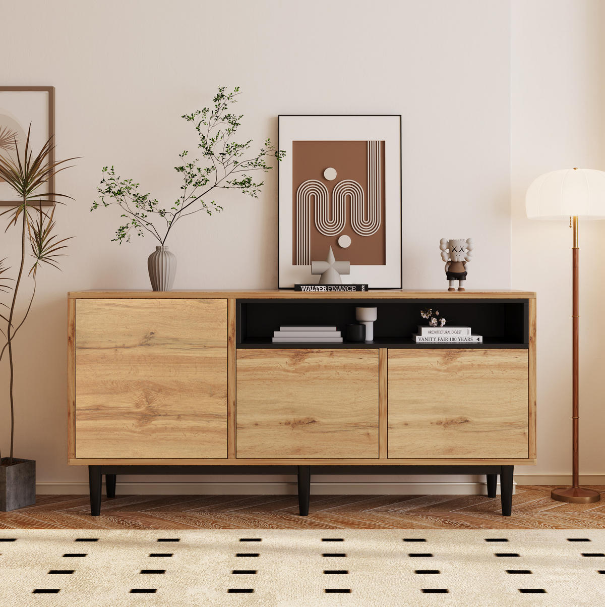 SIDEBOARD 160/35/76 cm in Schwarz/Holzfarben mit 3 Türen und verstellbaren Regalen - Naturfarben, Holzwerkstoff (160/76/35cm) - Flora Grace