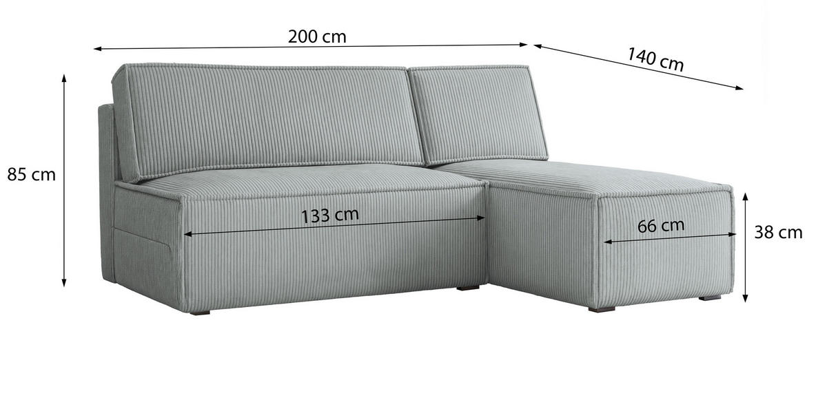 ECKSOFA BRISO P Schwarz Kordstoff mit Schlaffunktion - Schwarz, Holz (200/140cm) - MASSENO