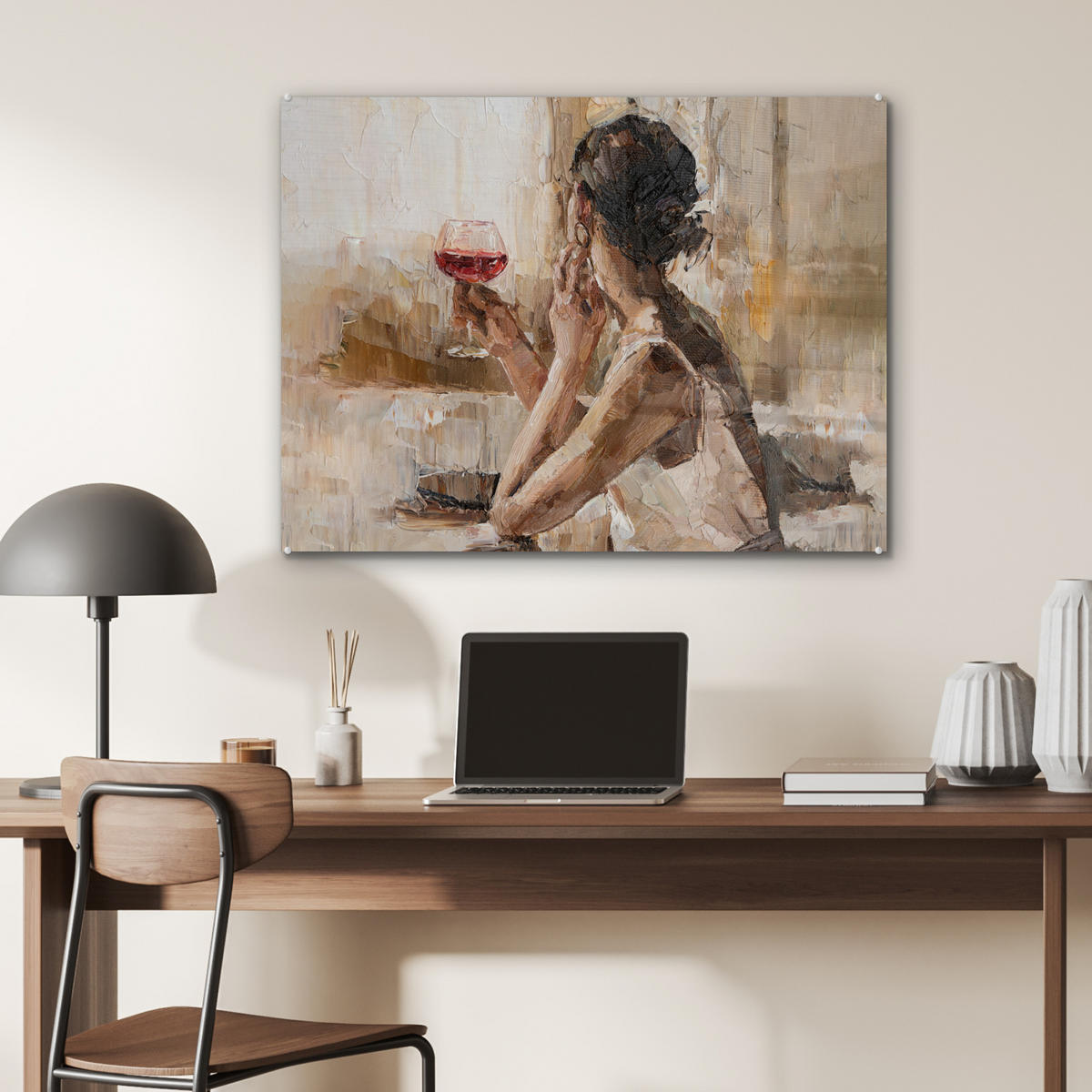 OBRAZ NA AKRYLOVOM SKLE Olejomaľba - Žena - Víno 80x60 cm - svetlohnedá, sklo (80/60cm) - MuchoWow