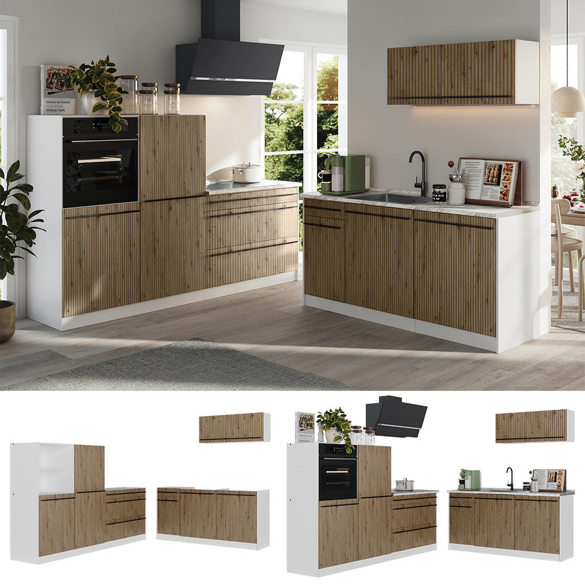 KÜCHENZEILE R-Line, Artisan-Eiche/Weiß, 220 cm ohne Arbeitsplatte - Eiche Artisan/Weiß, Holzwerkstoff (220/143/46cm) - Vicco