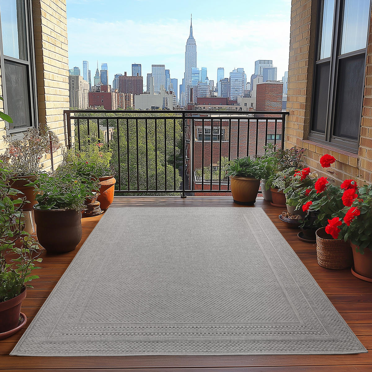 TEPPICH Outdoor Flachgewebe Bordürenmuster Polypropylen Terrasse Grau Rechteckig 120x170 - Grau, Textil (120/170cm) - KADIMA DESIGN