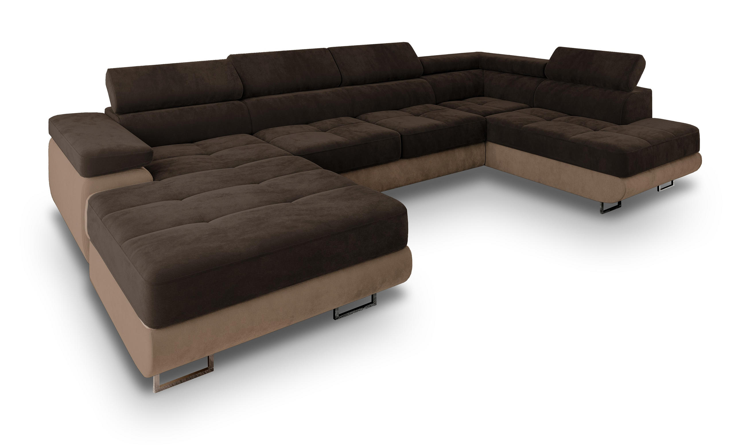 WOHNLANDSCHAFT CASONE R-S Braun Velours-Stoff mit Schlaffunktion - Braun, Holz (345/90/202cm) - MASSENO