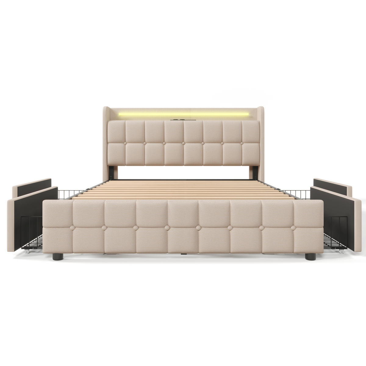POLSTERBETT 140/200 cm mit LED-Beleuchtung, USB-Anschlüssen, Steckdosen und 4 Schubladen, Beige - Beige, Holz (140/140cm) - Redom