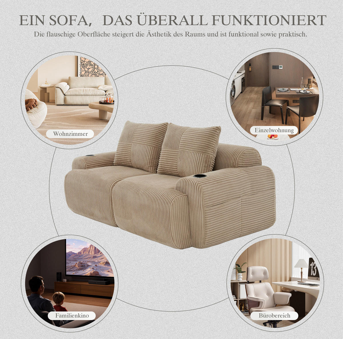 2-SITZER Sofa Cord mit Getränkehalter und Seitentasche 200/99/80 cm Sandfarben - Sandfarben, Textil (99/80/200cm) - Redom
