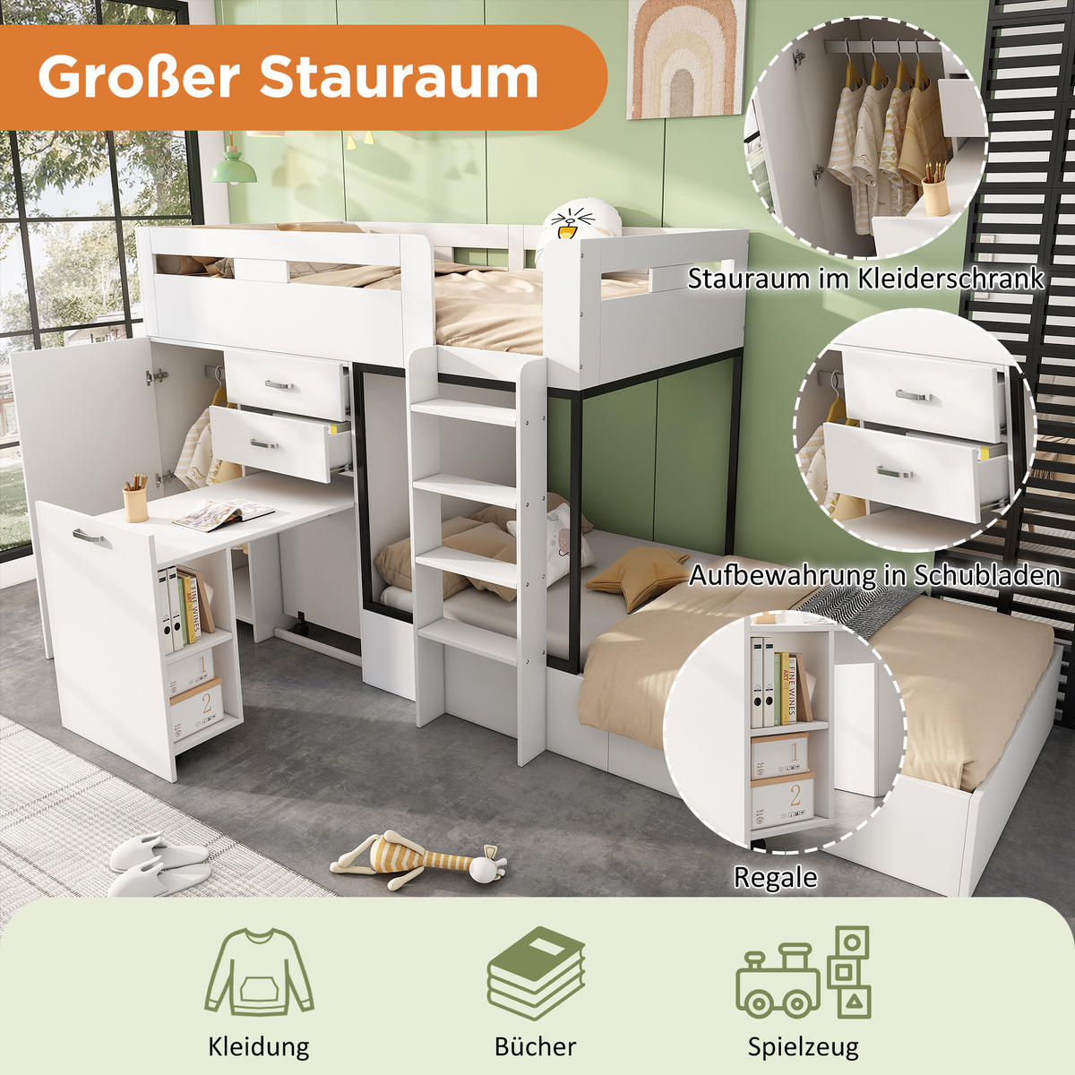 ETAGENBETT 90/200 cm weiß und schwarz aus MDF mit ausziehbarem Schreibtisch - Weiß, Holzwerkstoff (90/200cm) - OKWISH