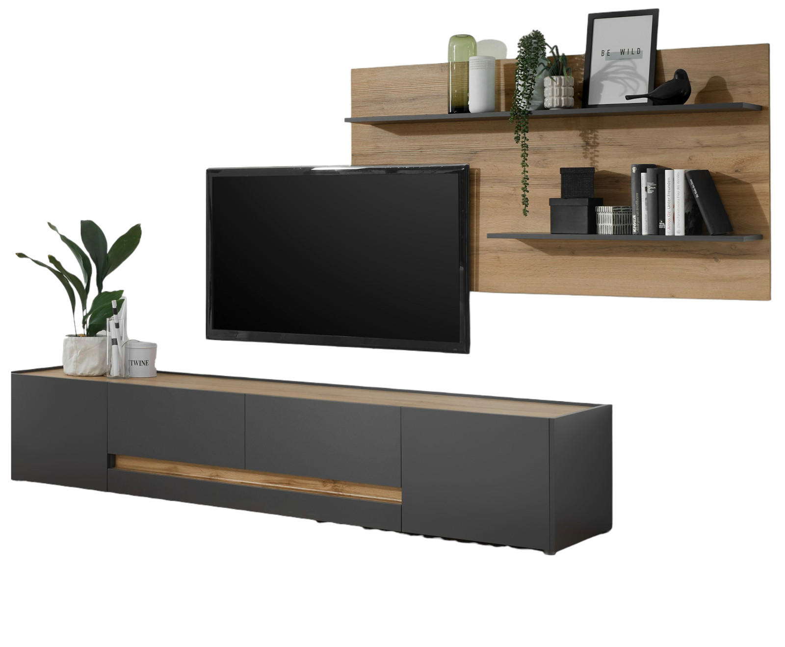 WOHNWAND 2-teilig grau matt, Eiche Wotan 300 cm, Wohnkombination mit XXL Lowboard - Eiche Wotan/Grau, Holz/Holzwerkstoff (300/180/45cm) - Furn.Design