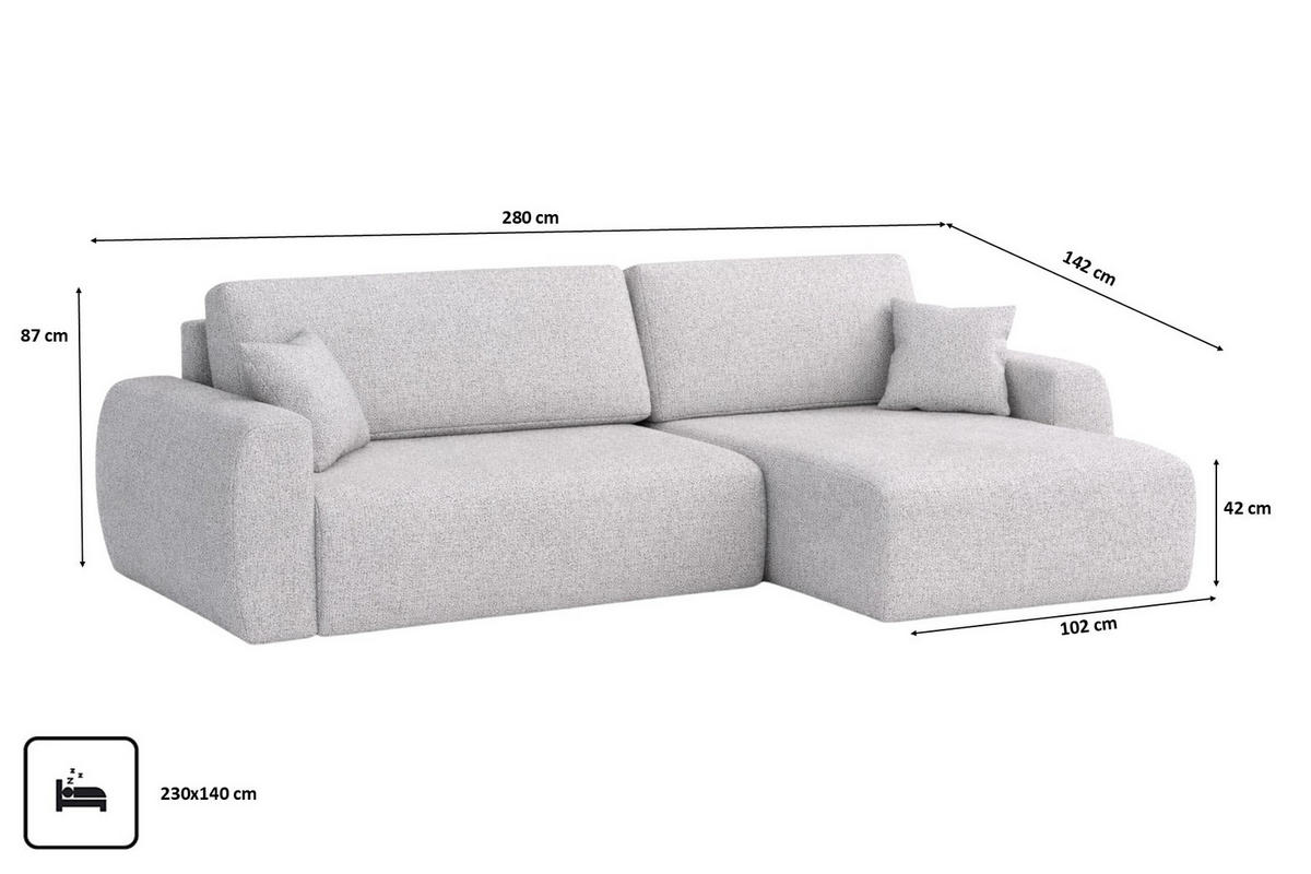 ECKSOFA Mit Schlaffunktion, Ariel XL, Chenille-Stoff, Stoff Artico, Cement, Rechts - Hellgrau, Holz (280/142cm) - Kaiser Möbel
