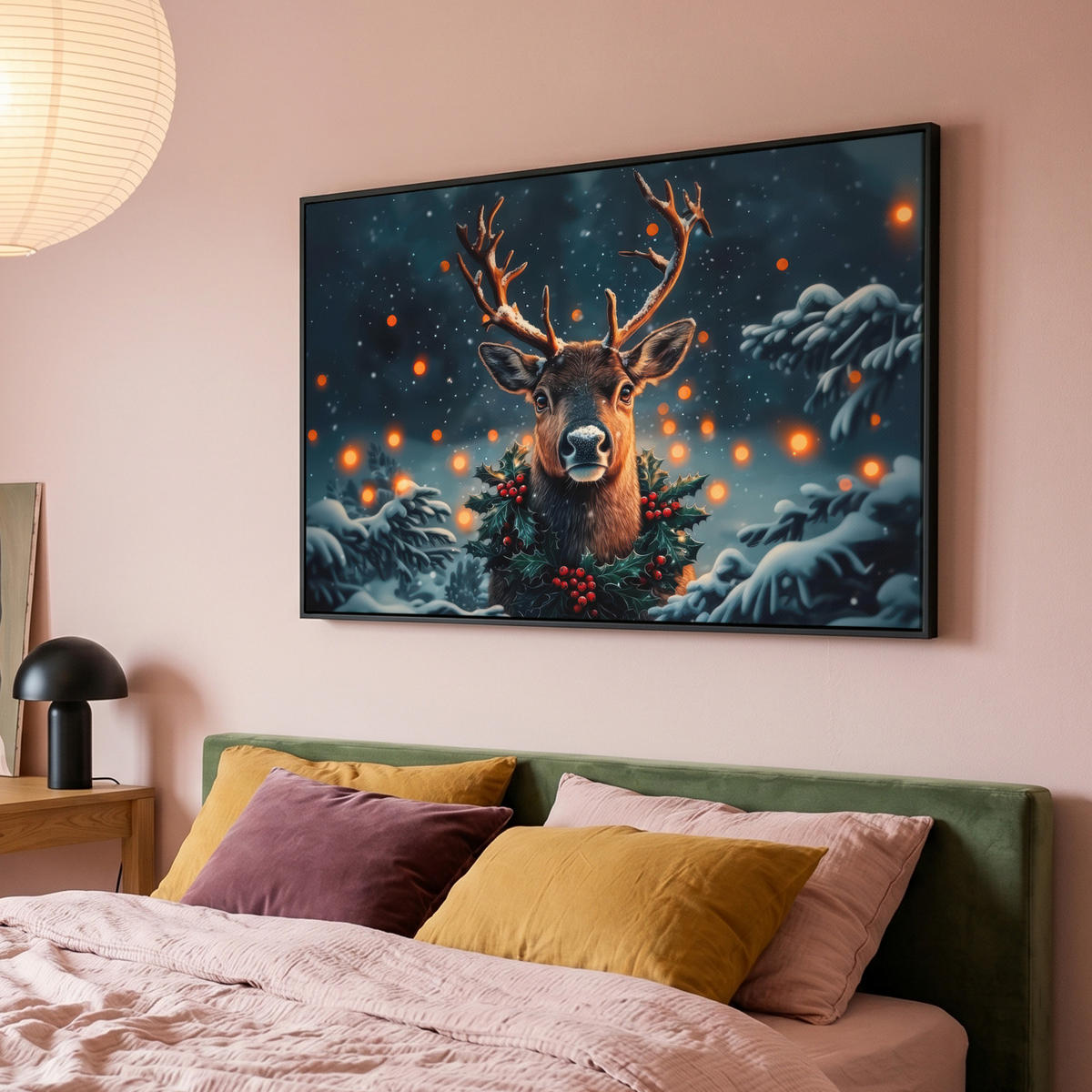 LEINWAND Bilder mit Rahmen - Hirsch - Weihnachten - Winter - Schnee - Weihnachtskranz - 120x80 - Dunkelbraun, Textil (120/80cm) - MuchoWow