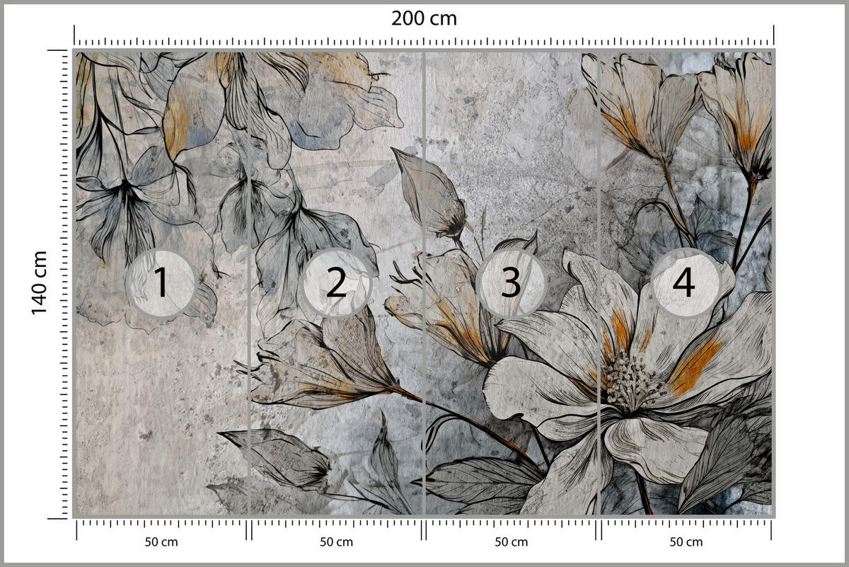 FOTOTAPETE für Büro Blumen Blätter Betongrund Vintage Pflanzen 200x140 - Grau, Papier (200/140cm) - Muralo