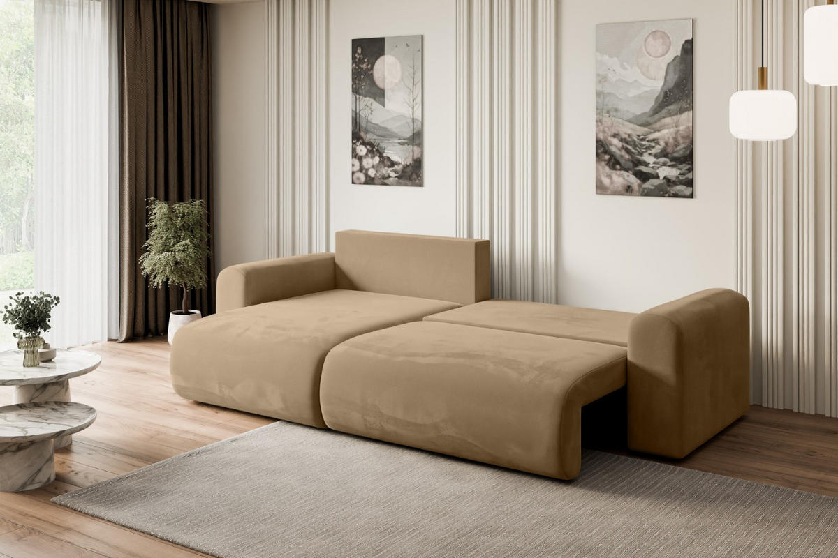 ECKSOFA mit Schlaffunktion und Bettkasten ORRO-L - 272x145x83 cm Beige Velours - Beige/Schwarz, Holzwerkstoff/Kunststoff (272/145cm) - ALTDECOR