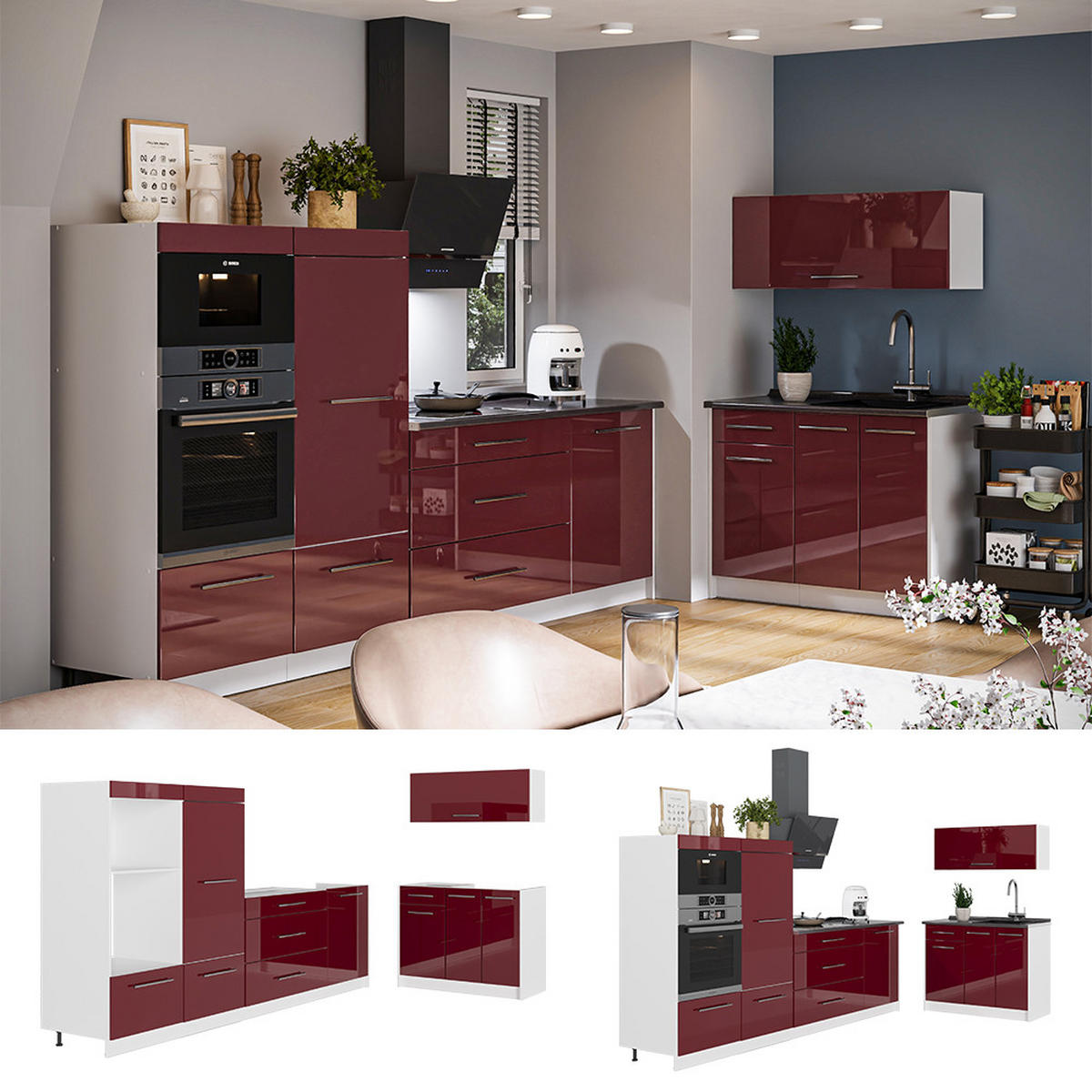 KUCHYNĚ Fame-Line, Bordó červená vysoký lesk/Bílá, 380 cm, PD Antracit - bílá/bordeaux, kompozitní dřevo (380/153.6/60cm) - Vicco