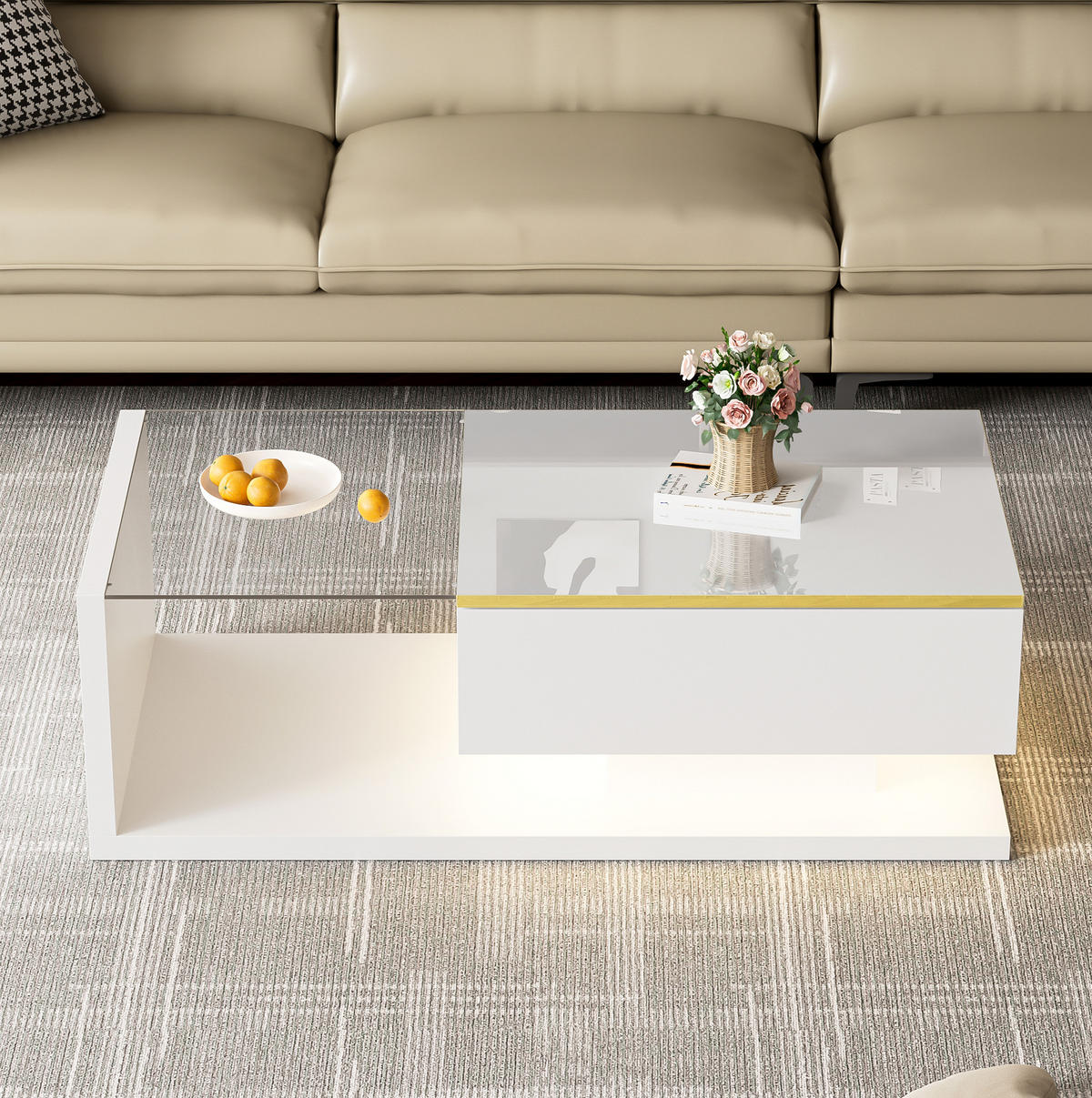 COUCHTISCH 100/50/32,5 cm in Weiß mit LED-Beleuchtung und Glasplatte - Weiß, Holzwerkstoff (100/50/32.5cm) - Flora Grace