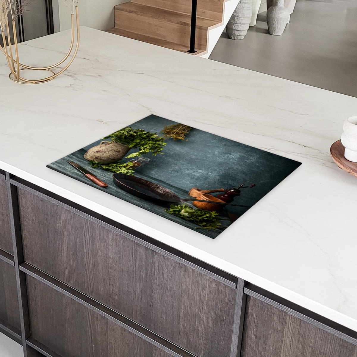 HERDABDECKPLATTE Kräuter - Gewürze - Pfanne - Messer - Grau - Rustikal Induktionsmatte 71x52 cm - Petrol, Kunststoff (71/52/0.2cm) - MuchoWow