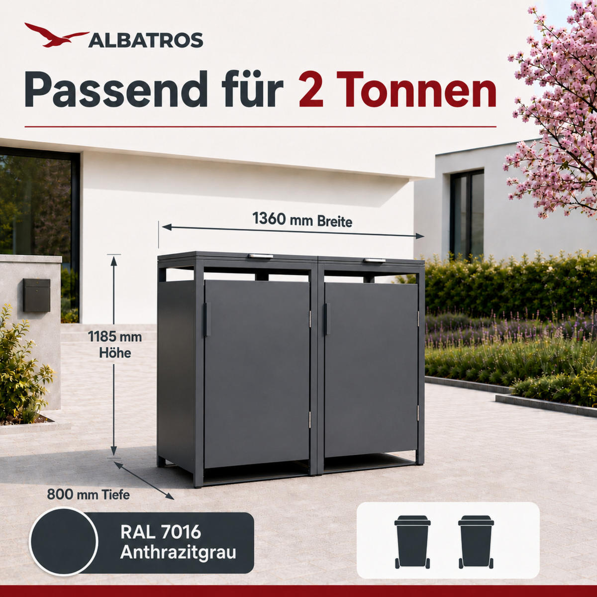 MÜLLTONNENBOX für Hauswände 2er, MTW2 - Anthrazit, Metall (136/118/80cm) - Albatros