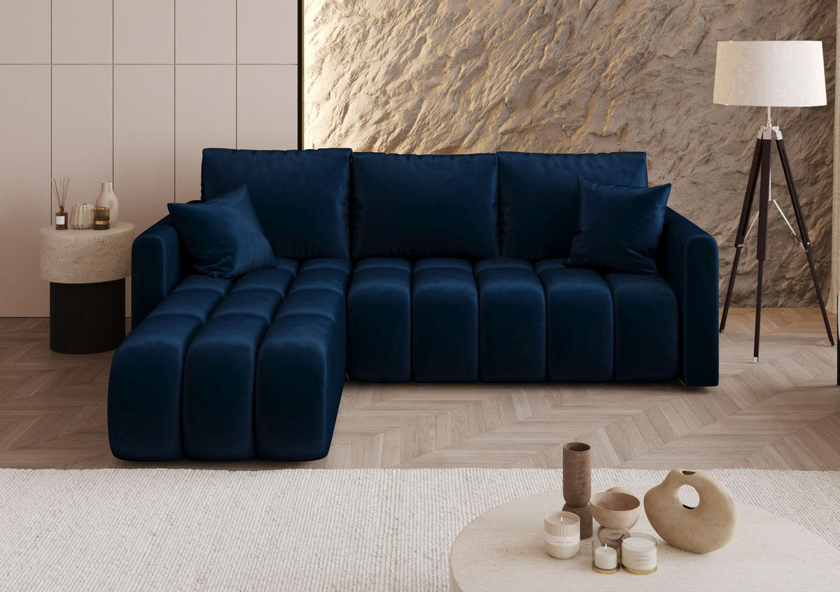 ECKSOFA GARDA links dunkelblau Velours Monolith 77 - Schlaffunktion, Bettkasten - Dunkelblau, Textil (230/150cm) - Cornero