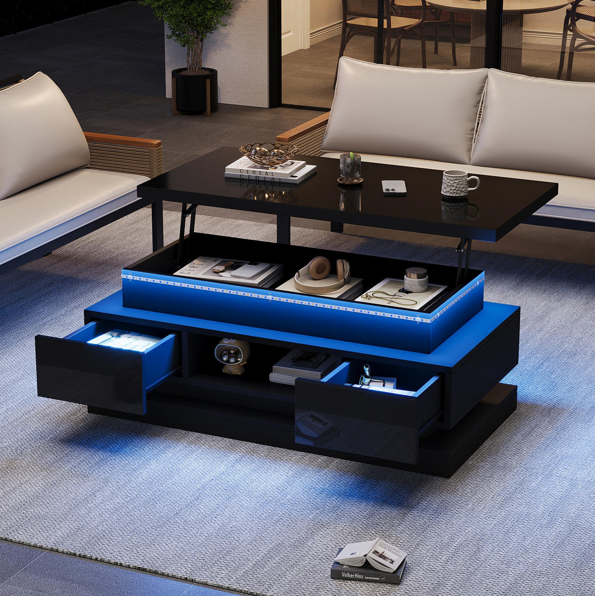 COUCHTISCH 100/50/40 cm Schwarz höhenverstellbar mit LED-Beleuchtung und Stauraum - Schwarz, Holzwerkstoff (100/50/40cm) - OKWISH