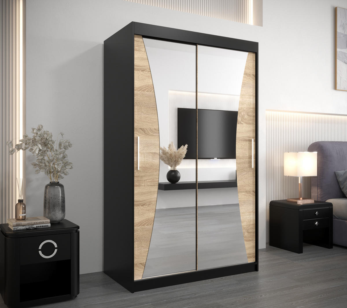 SCHWEBETÜRENSCHRANK 200/120/62 2-türig - Silberfarben/Schwarz, Holz/Kunststoff (120/200/62cm) - Abiks Möbel