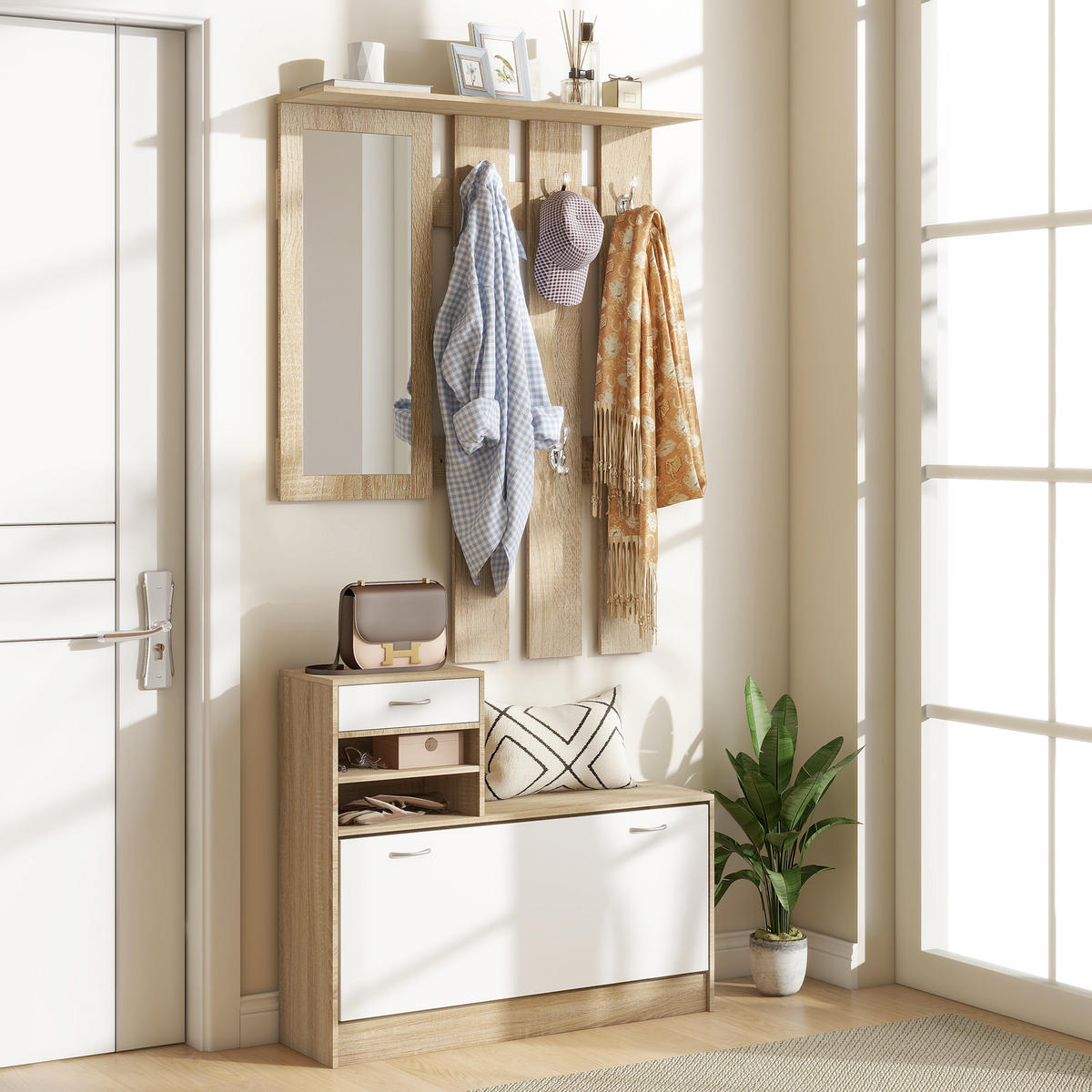 GARDEROBENSET Weiß 3-teilig mit Spiegel und Schuhschrank - Weiß, Holzwerkstoff (90/91/10cm) - PANGIVO