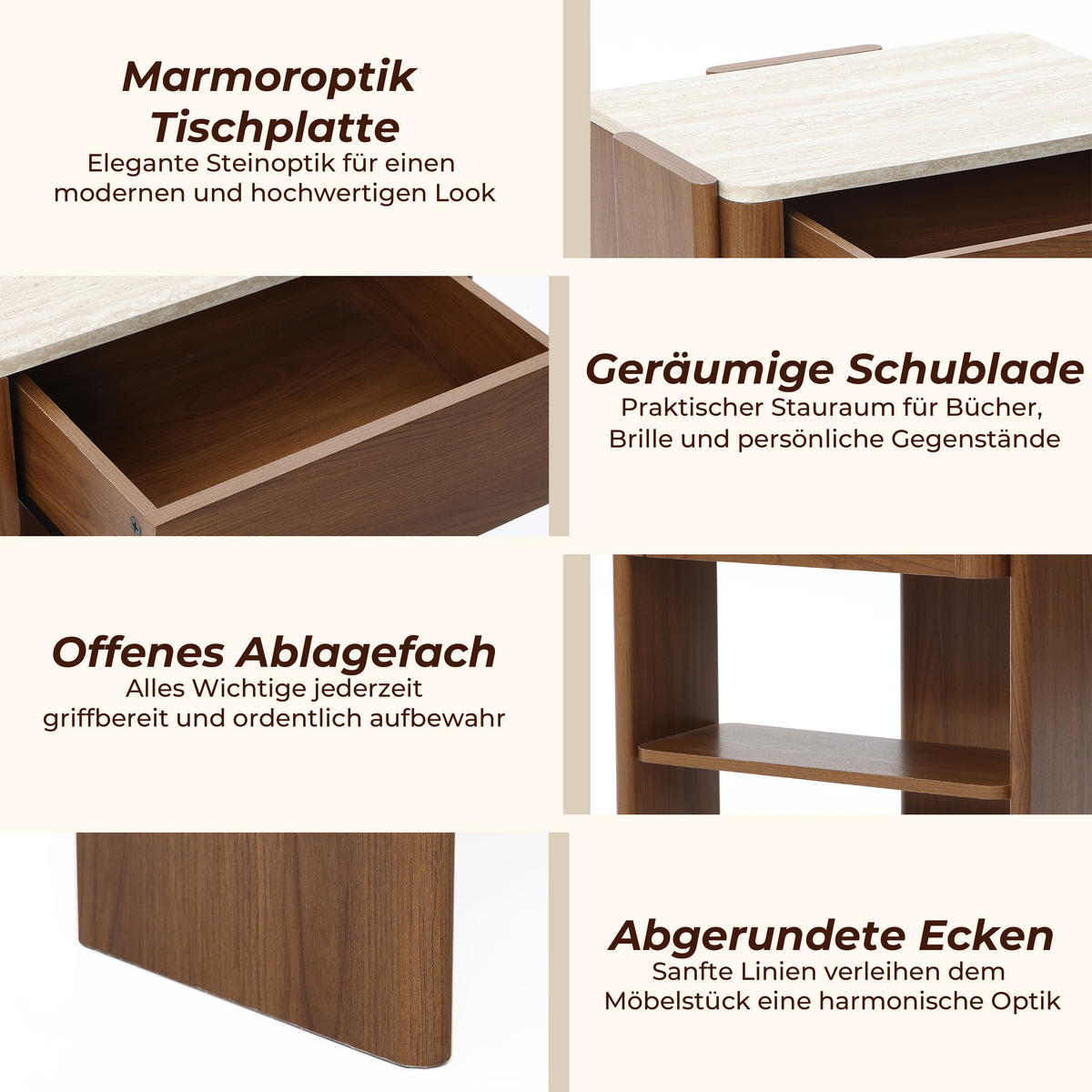 NACHTTISCH Modern mit Marmoroptik, Braun, MDF | B55 x T40 x H53 cm - Braun, Holz (55/53/40cm) - Hometopia