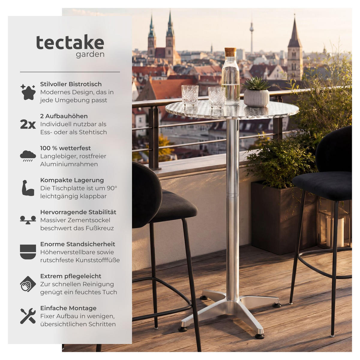 BISTROTISCH aus Aluminium Viktor, höhenverstellbare Kunststofffüße, silber - Silberfarben, Holz (67/67/115cm) - tectake