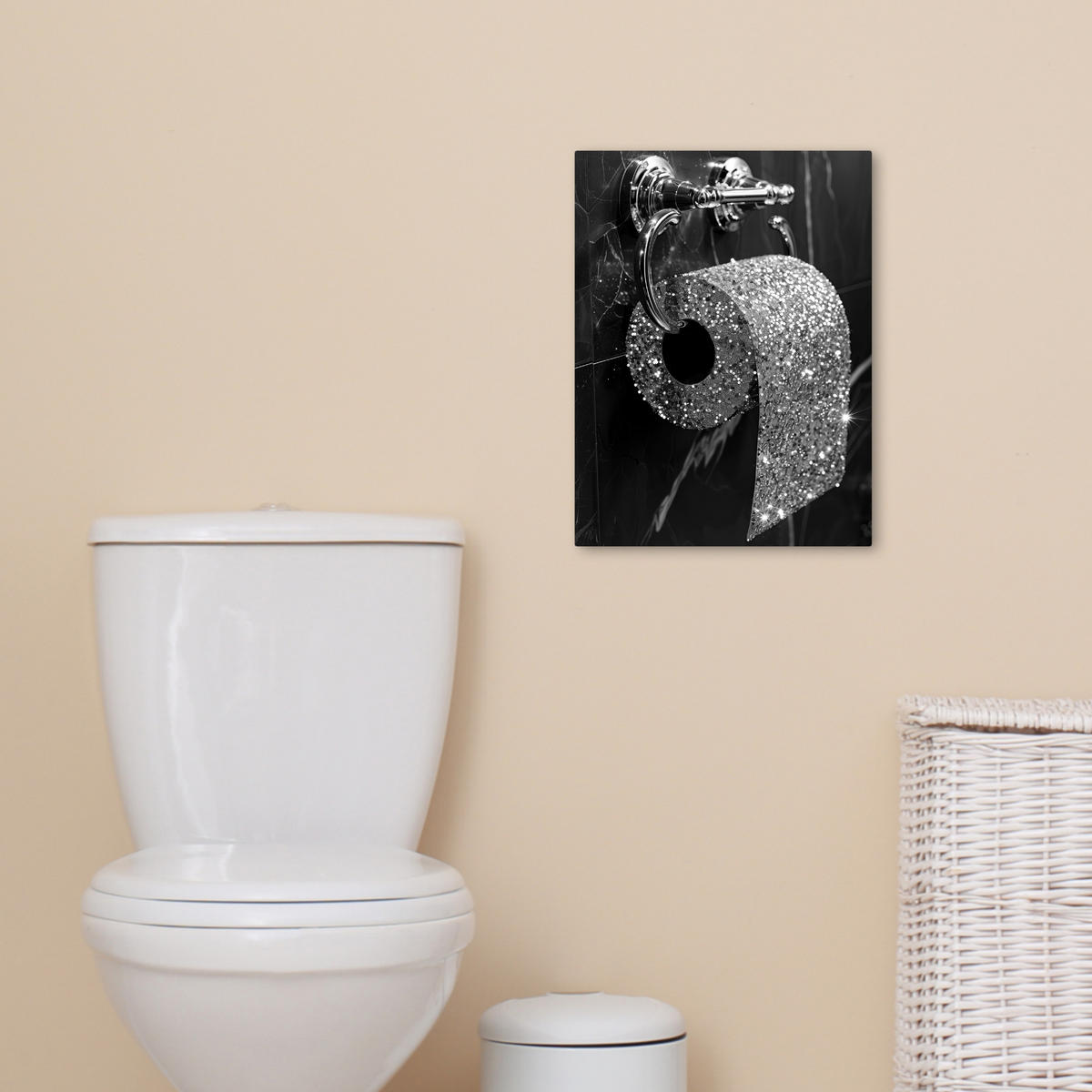 LEINWANDBILD WC - Toilettenpapier - Schwarz und weiß - Glitter 30x40 cm - Silberfarben, Textil (30/40cm) - MuchoWow