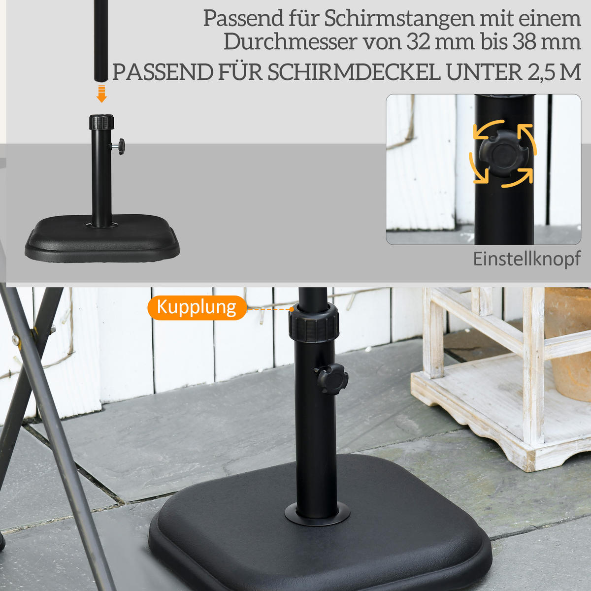 SONNENSCHIRMSTÄNDER PE Beton Schwarz - Schwarz, Kunststoff (36/36cm) - Outsunny