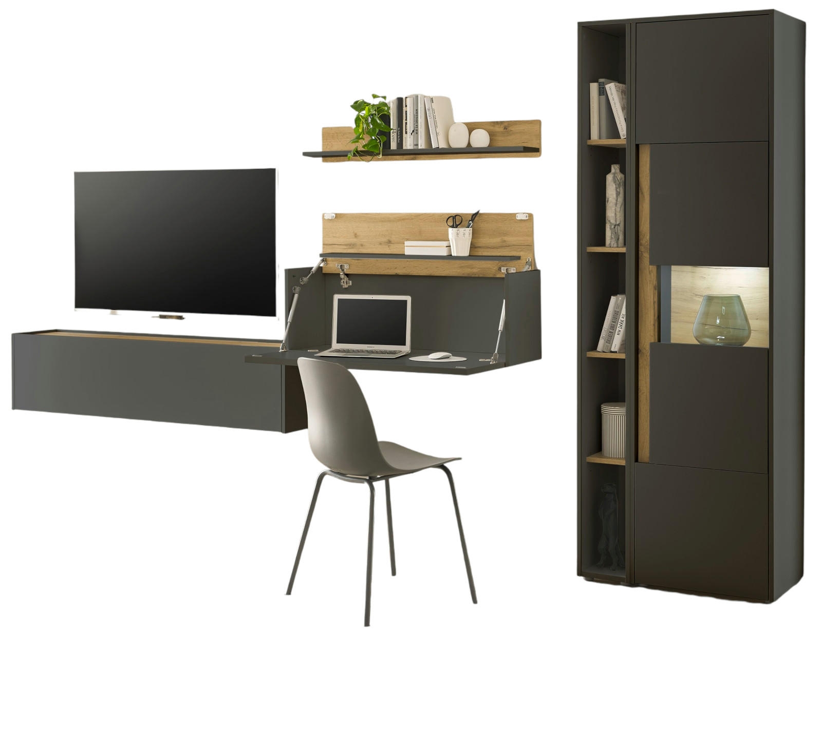 WOHNWAND grau matt, Eiche Wotan 340 cm, Schrankwand mit Sekretär - Eiche Wotan/Grau, Glas/Holzwerkstoff (340/200/40cm) - Furn.Design