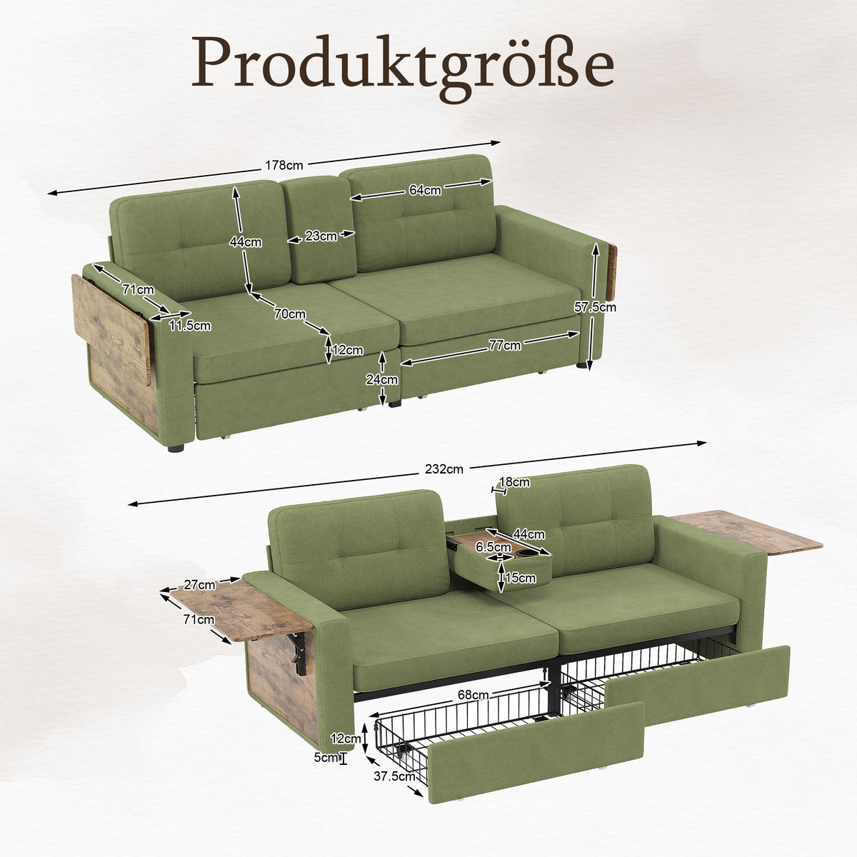 2-SITZER-SOFA mit Laptop-Tisch und Stauraum, DE-42611, Grün - Grün, Metall (178/57.5/71cm) - ComfortXL