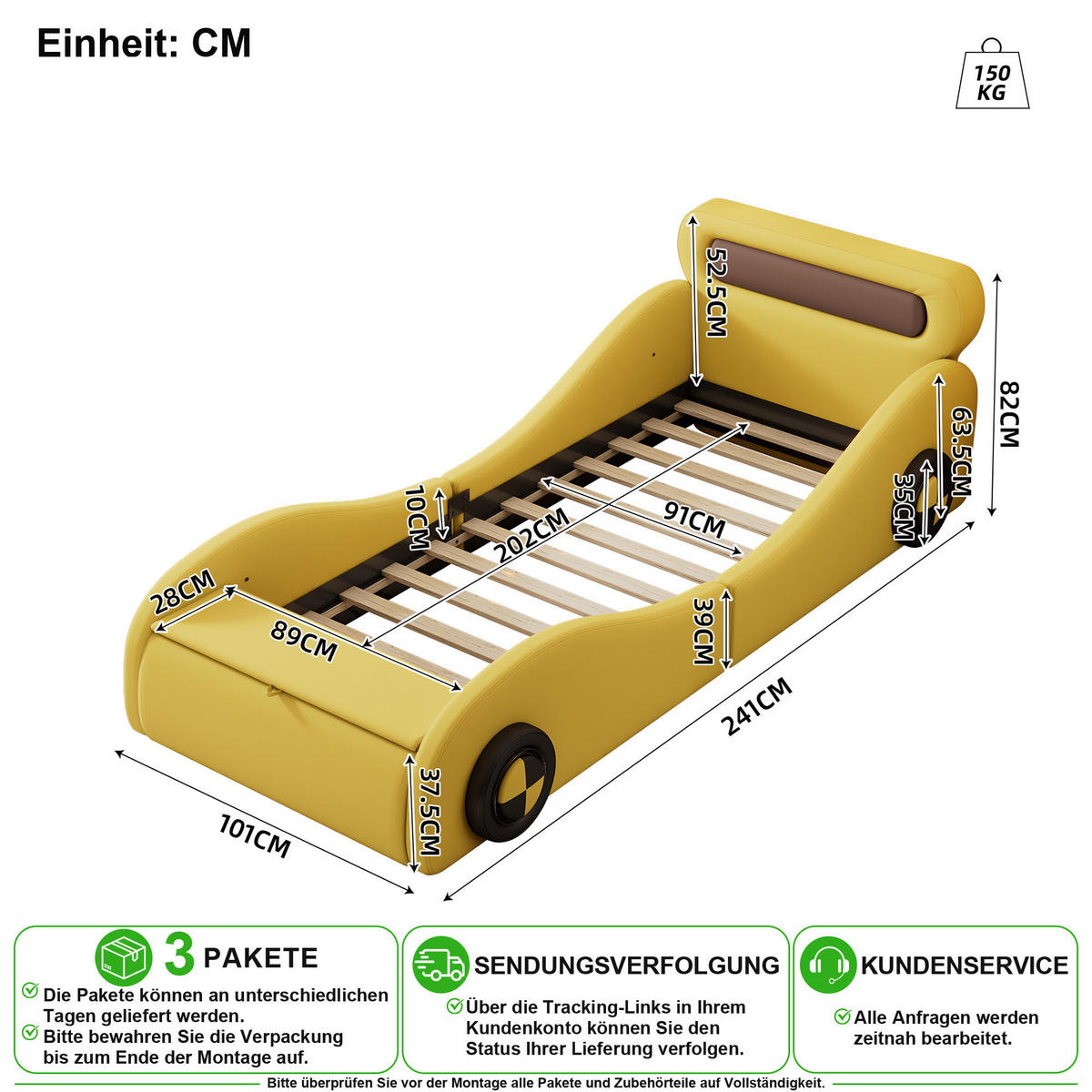 AUTOBETT 90/200 cm in Gelb mit LED-Rädern und Stauraum - Gelb, Holzwerkstoff/Textil (90/200cm) - CHICFURN