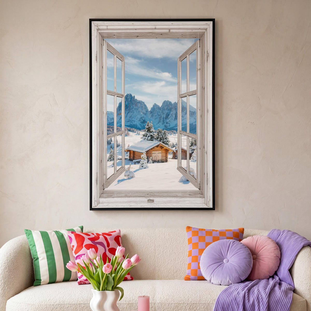 LEINWAND Bilder mit Rahmen - Winterlandschaft - Hütte - Berge - Ausblicke - Aussicht - Natur - 80x120 - Weiß Hochglanz, Textil (80/120cm) - MuchoWow