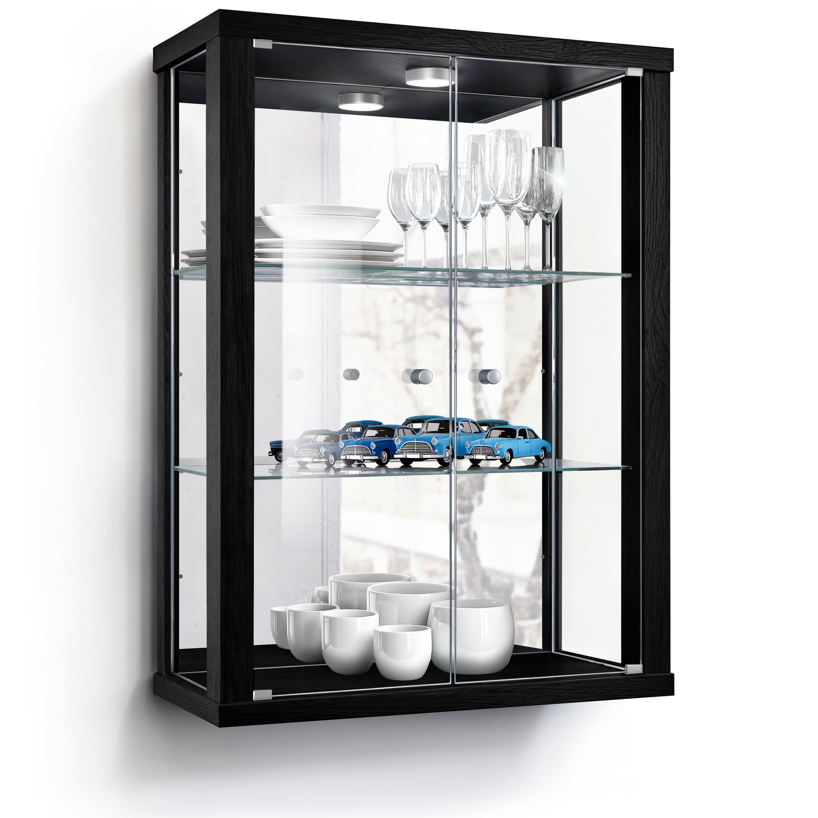 HÄNGEVITRINE 25/60/80 cm mit Spiegel, LED & 2 höhenverstellbaren Glasböden - Transparent/Silberfarben, Glas/Holzwerkstoff (60/80/25cm) - K-Möbel