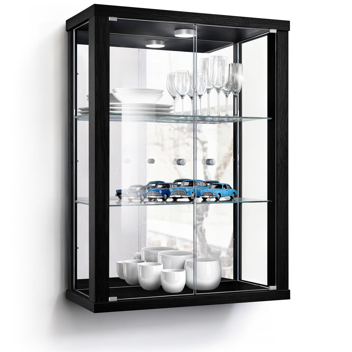 HÄNGEVITRINE 25/60/80 cm mit Spiegel, LED & 2 höhenverstellbaren Glasböden - Transparent/Silberfarben, Glas/Holzwerkstoff (60/80/25cm) - K-Möbel