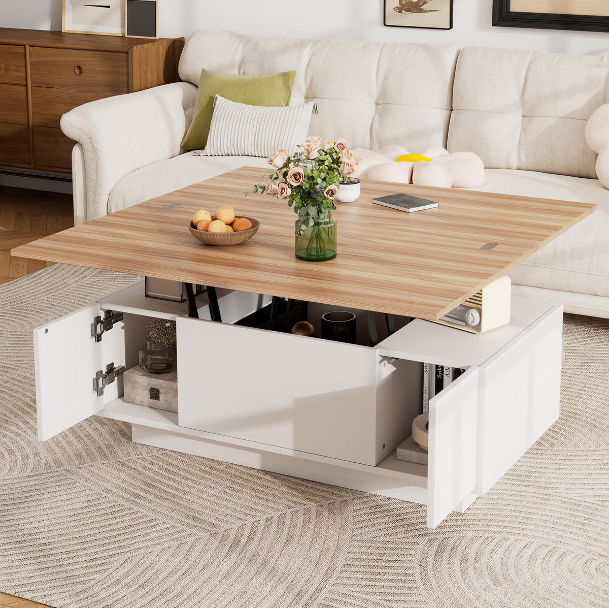 COUCHTISCH 100/50/55,5 cm mit Doppel-Hebemechanismus und verstecktem Stauraum aus Spanplatte, Weiß - Weiß, Holzwerkstoff (100/50/40cm) - Redom