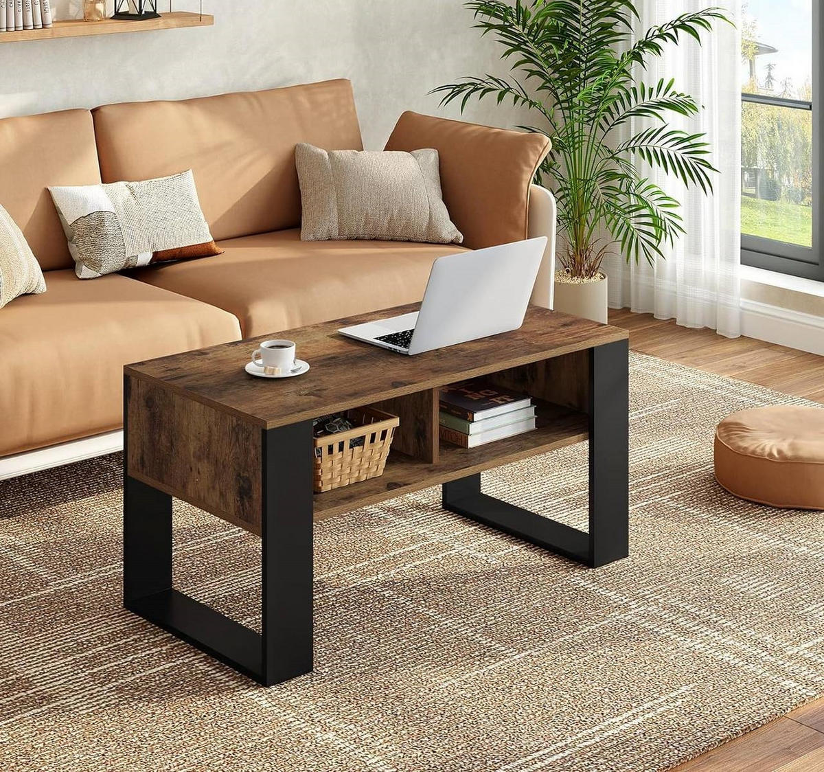 COUCHTISCH mit 2 offene Fächer, Holzoptik Vintage - Alteiche/Schwarz, Holzwerkstoff (45/90/45.5cm) - Woltu
