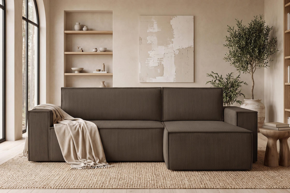 ECKSOFA-LINKS/RECHTS NAPI Schlaffunktion mit Cordbezug, braun - Schwarz/Braun, Textil (262/148cm) - KONSIMO®