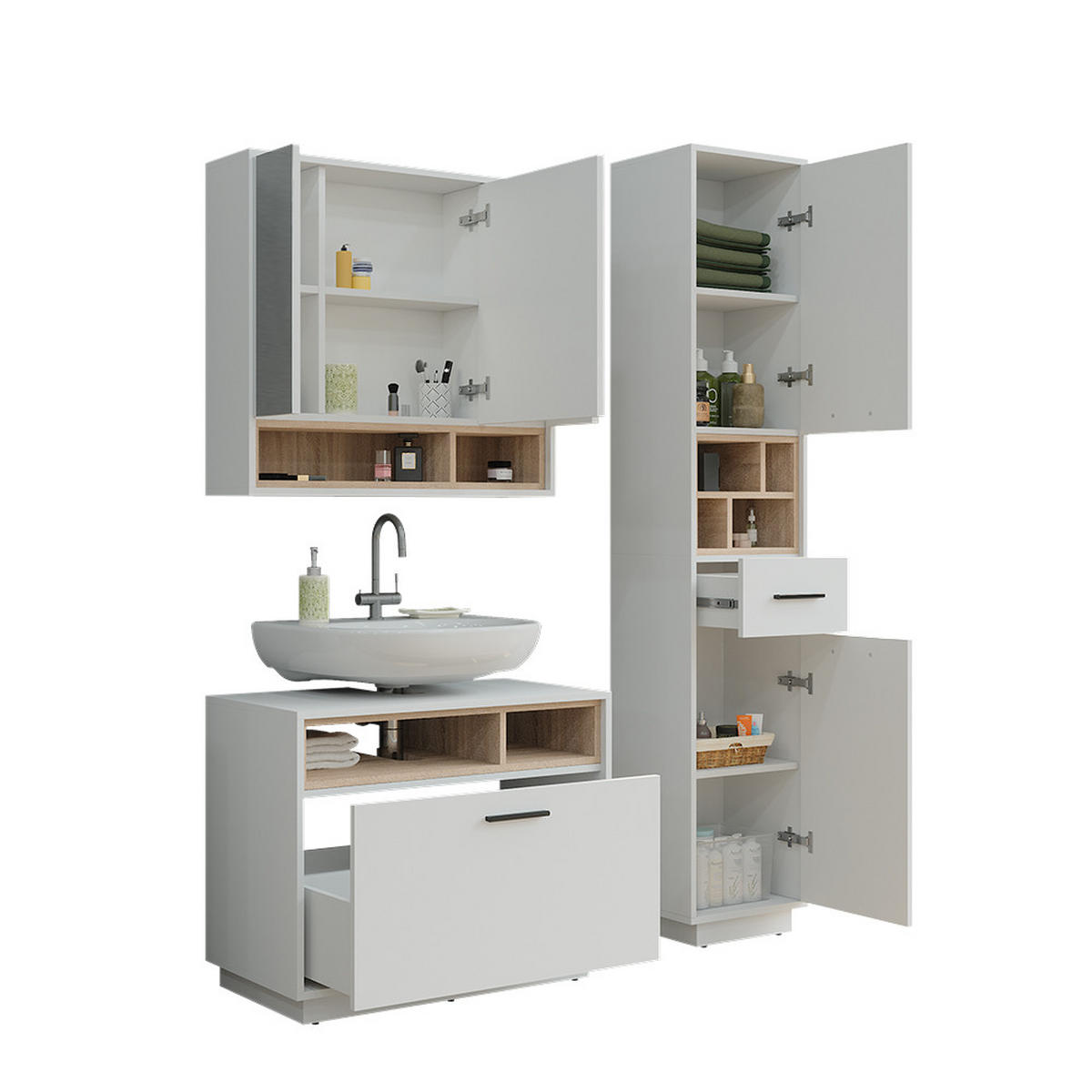 KOUPELNOVÁ SESTAVA NÁBYTKU Beatrice Bílá/Sonoma - bílá/Sonoma dub, kompozitní dřevo (80/64/35cm) - Vicco