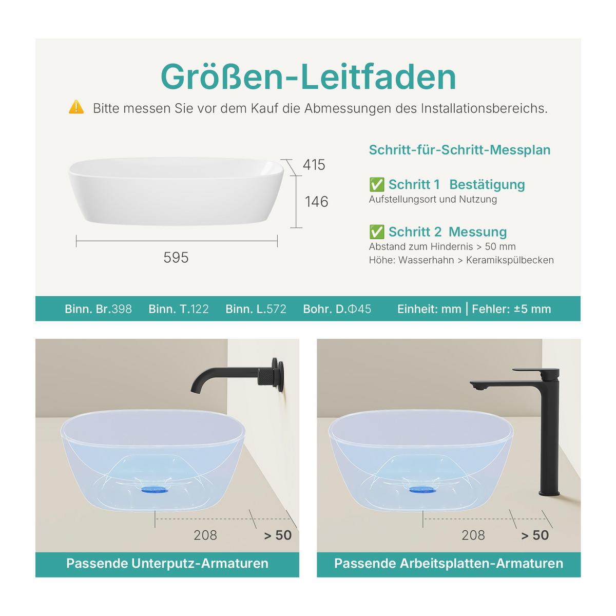 WASCHBECKEN Abgerundete Ecken Mattweiß 60 / 41,5 / 13,5 cm - Weiß, Keramik (41.5/13.5/60cm) - EMKE