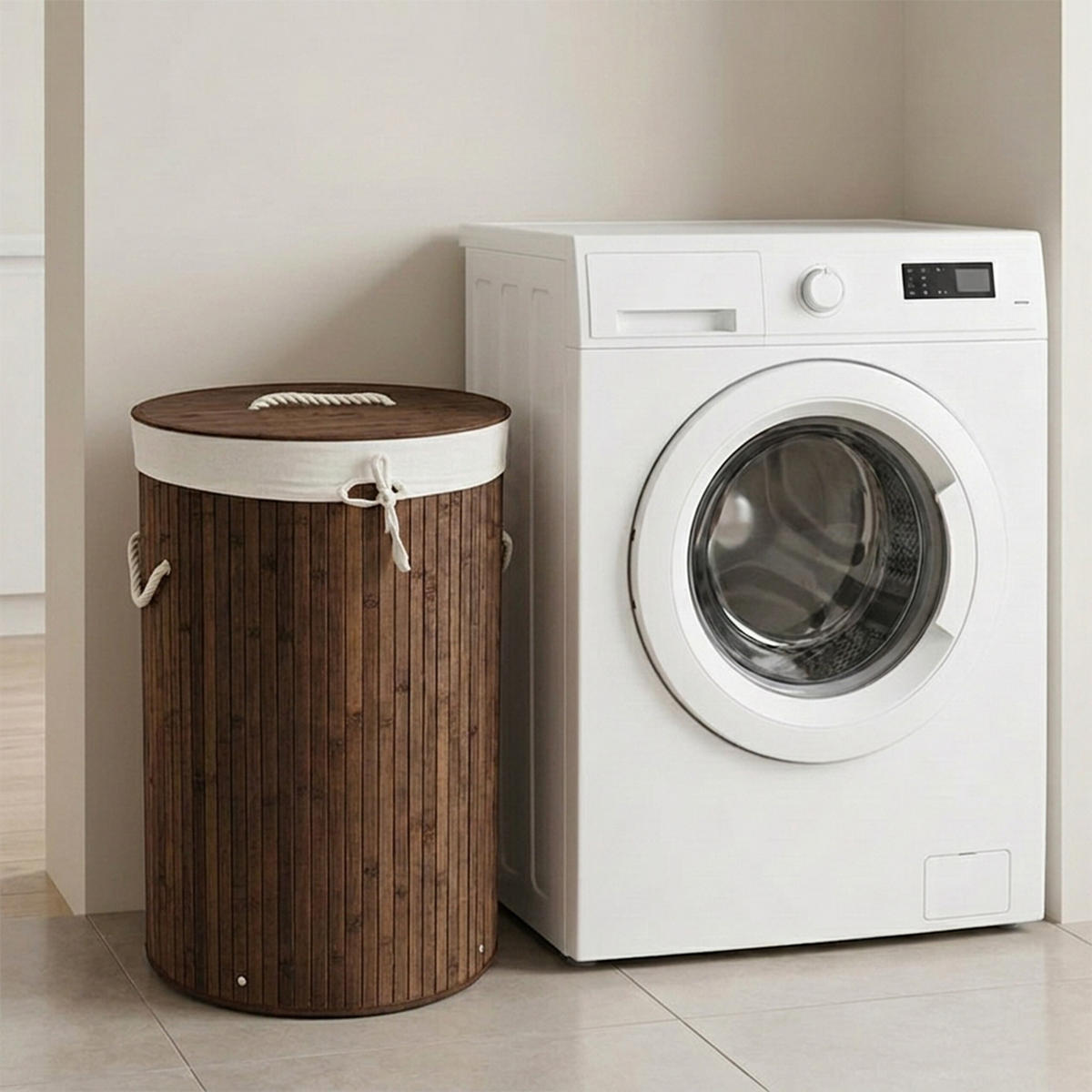 KOŠ ZA PERILO rjava bambus okrogel s pokrovom zložljiv 70 l - rjava, tekstil/les (41/65/41cm) - Relaxdays