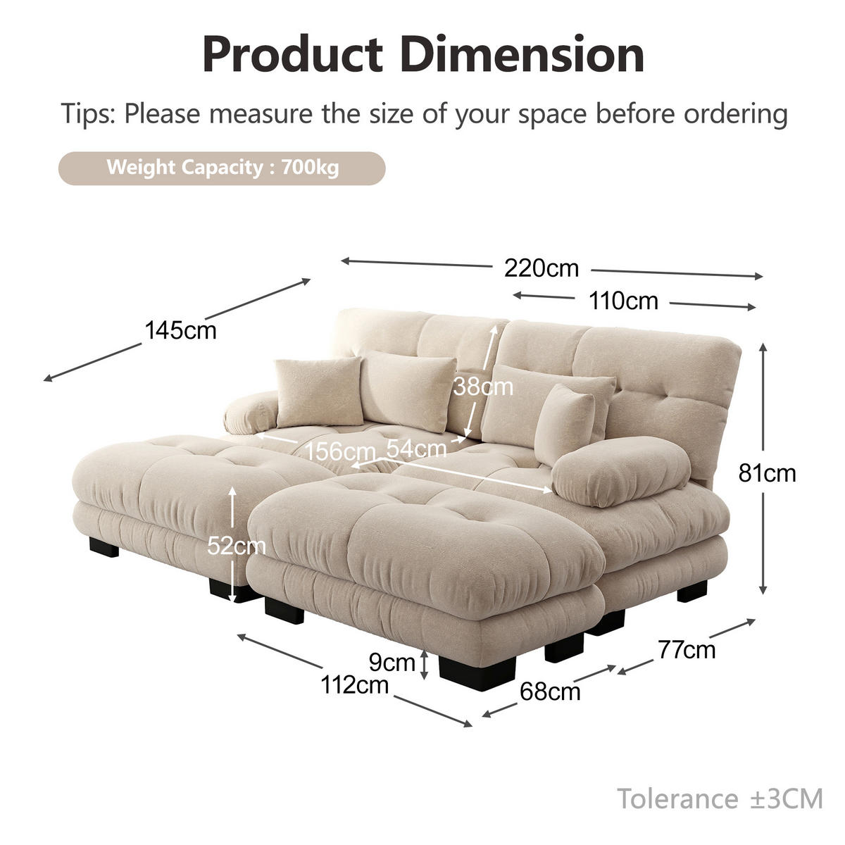 SCHLAFSOFA mit 2 Ottomanen, 2 Lendenkissen und 2 Dekokissen in Hellbraun - Cappuccino, Textil (220/81/145cm) - EVRYAE