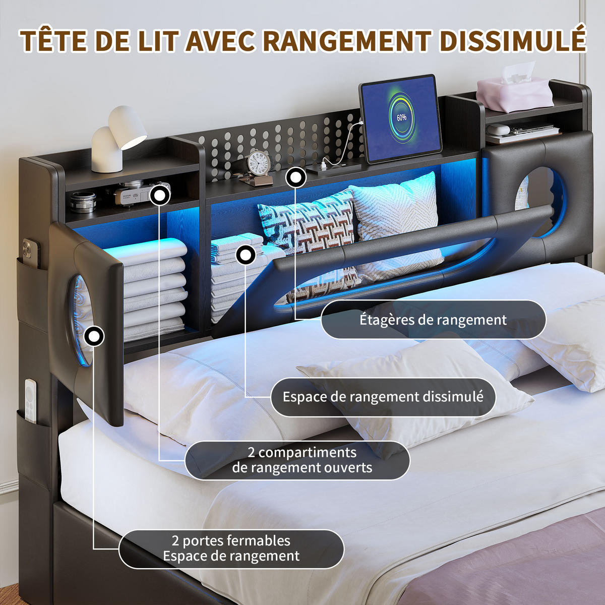 POLSTERBETT 140x200 cm LED USB Lattenrost Stauraum PU schwarz - Schwarz, Holz (140/200cm) - LEBENLANG