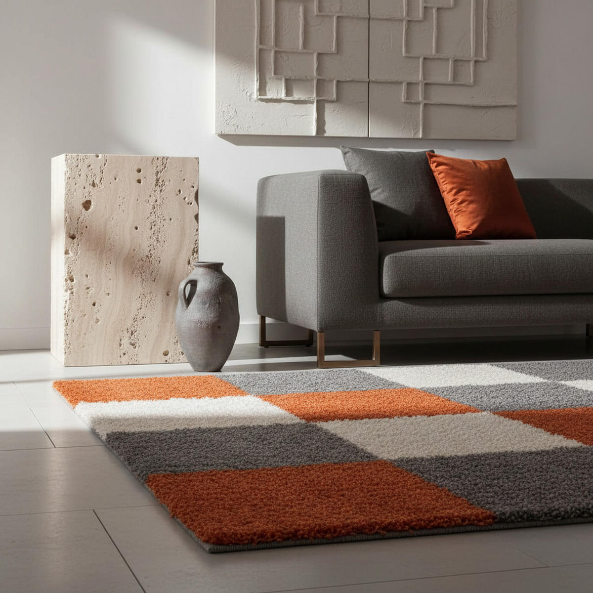 TEPPICH Hochflor Karo Polypropylen Wohnzimmer Shaggy Terrakotta Rechteckig 200x290 - Orange, Textil (200/290cm) - KADIMA DESIGN