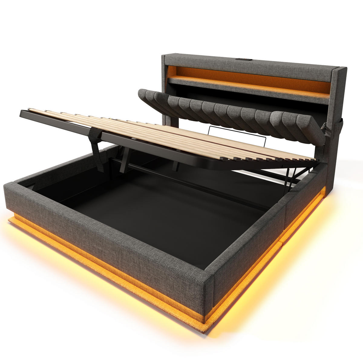 POLSTERBETT 140/200 cm mit LED, USB, Matratze, Type-C, Stauraum-Kopfteil und hydraulischem Bettkasten, Leinen, Grau - Grau, Textil (140/200cm) - Redom