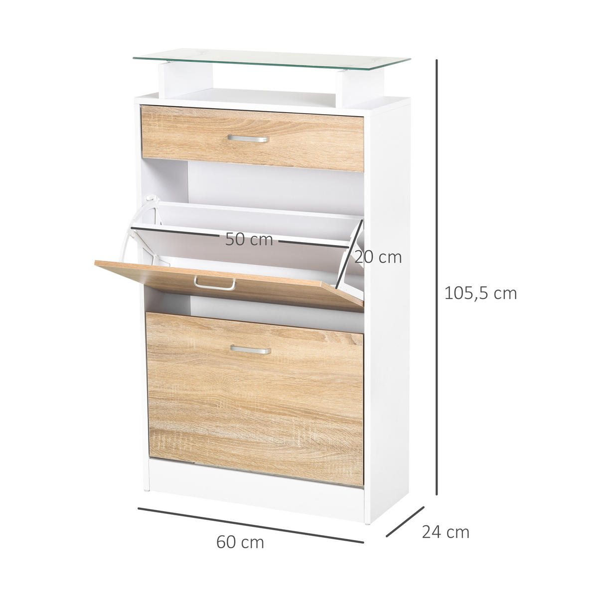 SCHUHSCHRANK DE-14965 2 Klapptüren & Schublade mit Glasablage Eiche - Weiß, Holzwerkstoff (60/105/24cm) - ComfortXL