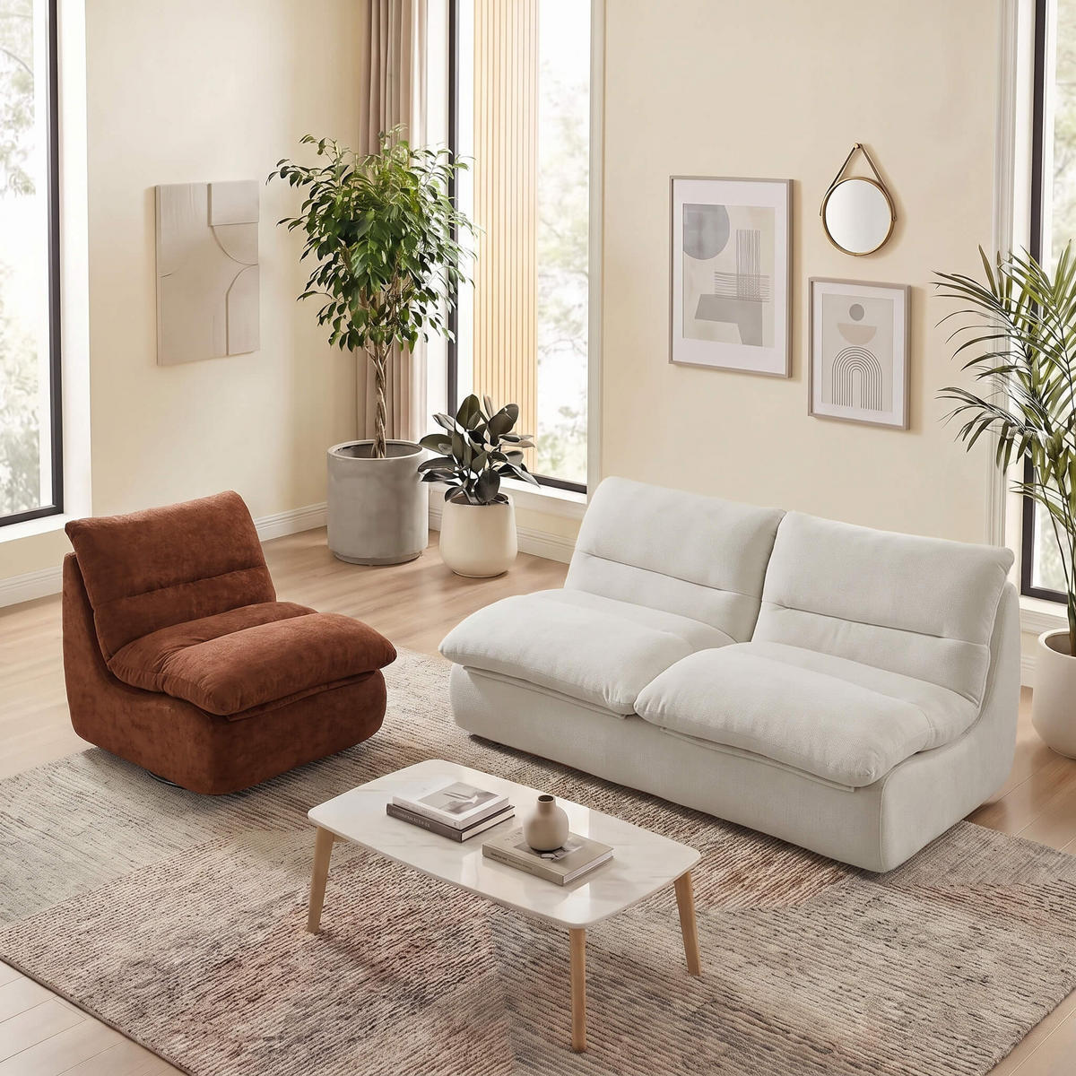 SITZGARNITUR Nuvia Sofa und Sessel Weiß und Schokolade - Weiß/Braun, Textil (160/73/100cm) - COCO Living