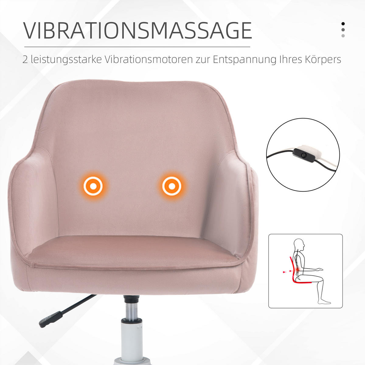 MASSAGE Bürostuhl Drehstuhl Arbeitstuhl mit Vibrationsfunktion Samt Rosa - Rosa, Textil (70/86/57cm) - Vinsetto