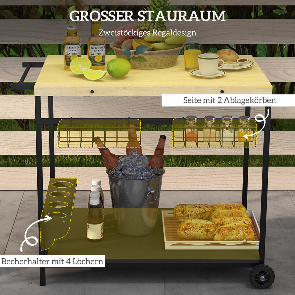 GARTENROLLWAGEN mit 2 Ebenen, mit Aufbewahrungskorb, mit Griff, Tanne, Natur - Fichtefarben, Holz/Metall (65/81/97.5cm) - Outsunny