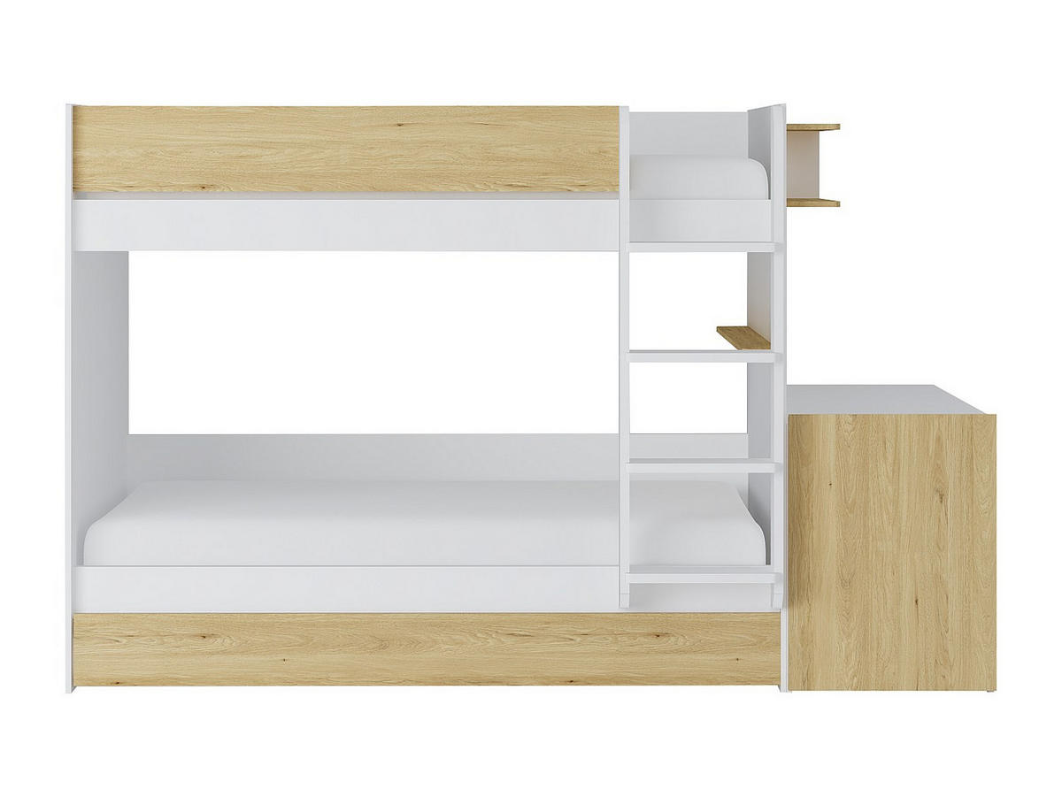 ETAGENBETT mit zusätzlichem Ausziehbett & 2 Schreibtischen - 3 x 90 x 190 cm - Weiß & Holzfarben - DOMATI - Naturfarben, Holz (100.4/196cm) - Vente-Unique
